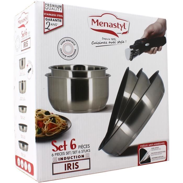 Batterie de cuisine - Induction - MENASTYL - 7930018 - Inox - 6 pieces - Poignée amovible - Gris