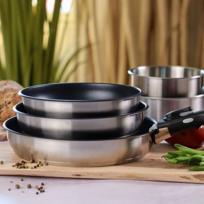 Batterie de cuisine - Induction - MENASTYL - 7930018 - Inox - 6 pieces - Poignée amovible - Gris