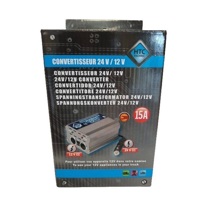 Convertisseur 24V/12V- HTC TECHNIC -15A + 2 prises allume-cigare femelle puissance 180W