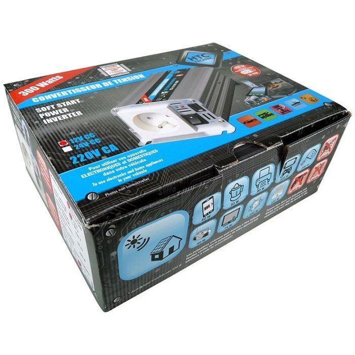 Convertisseur de tension - HTC TECHNIC - 12V/220 V - 300 W - Avec prise USB-A 2A livré avec cordon allume cigare