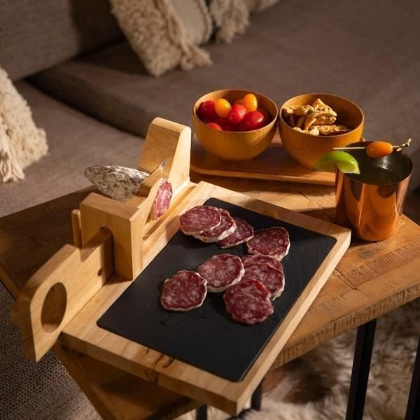 Guillotine a saucisson - LIVOO - MEC127 - En hévéa et plateau en ardoise - Lame acier inoxydable - Sécurité