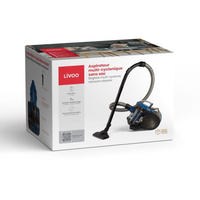Aspirateur Multi-cyclonique sans sac - LIVOO DOH105B - 700 W - 2 L - 78 dB - Filtre lavable - Embout 2 en 1 - Bleu / Gris