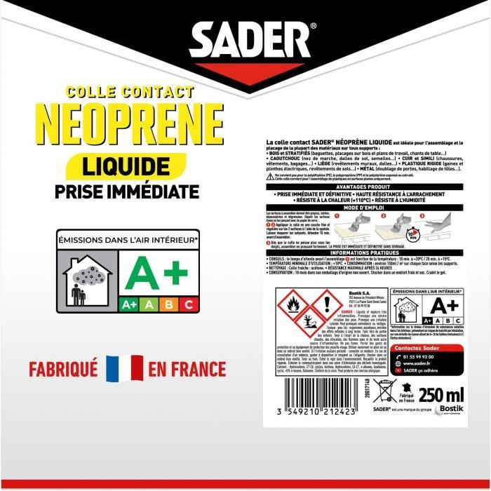 Colle contact néoprene liquide extra forte - SADER - Tous matériaux - Prise immédiate - Boîte 250 ml