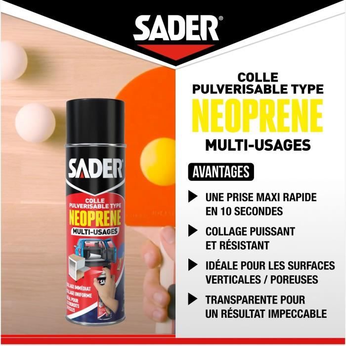 Colle aérosol néoprene multi-usages - SADER - Extra forte - Tous matériaux - Prise immédiate - Bombe 500 ml