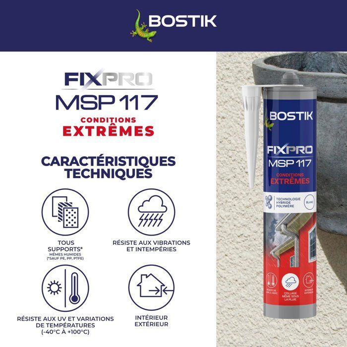 Mastic colle - BOSTIK - Fixpro MSP 117 - Conditions extremes - Intérieur/extérieur - Blanc - Cartouche 290 ml