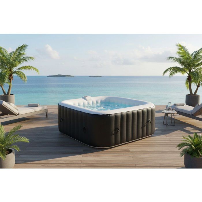 KIT TOUT INCLUS SUNSPA: spa gonflable carré 6 places et accessoires : 4 appuis tetes, filtre, épuisette, brosse, tapis, couverture