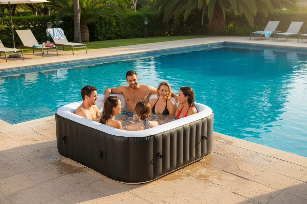 KIT TOUT INCLUS SUNSPA: spa gonflable carré 6 places et accessoires : 4 appuis tetes, filtre, épuisette, brosse, tapis, couverture