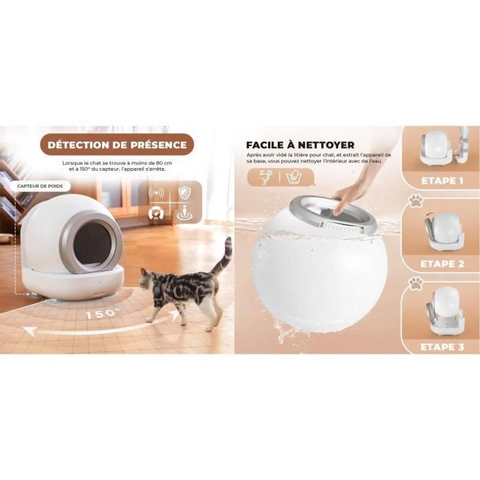 KITTY - Litiere autonettoyante pour chats 65 L démontable et lavable - Connectivité APP- 57 x 50 x 53 cm