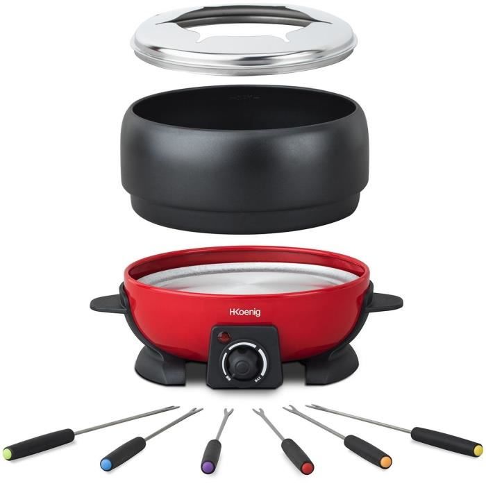 Appareil a fondue HKoeNIG - ALP1800 - Jusqu'a 6 personnes - Capacité 2L - Thermostat réglable jusqu'a 190°C - 800W - Rouge/Noir