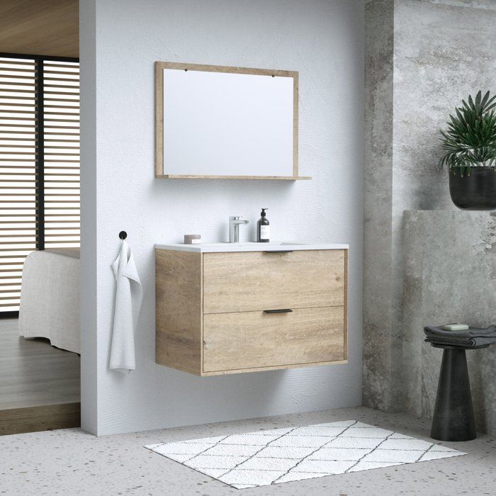 Ensemble salle de bain - Meuble 2 tiroirs - Vasque - L180 x P45 x H55 cm - Miroir - BEVEL