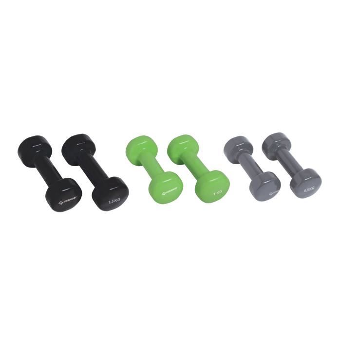 Set d'halteres - SCHILDKROT - 2 x 0,5kg anthracite - 2 x 1,0kg vert citron - 2 x 1,5kg noir - fonte + vinyle - Valise avec poignée