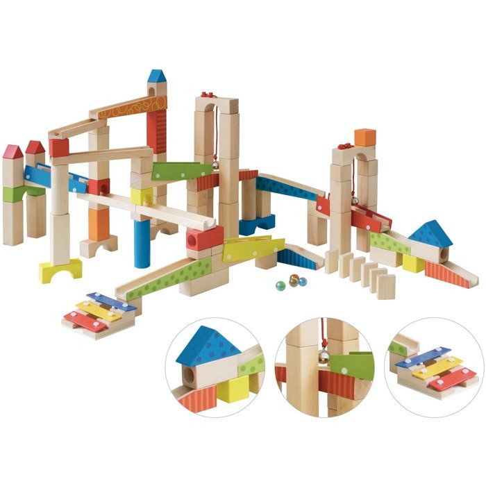 Circuit a billes en bois - ROBA - 20 billes en verre - 80 briques de construction - Naturel / Rouge / Bleu / Vert