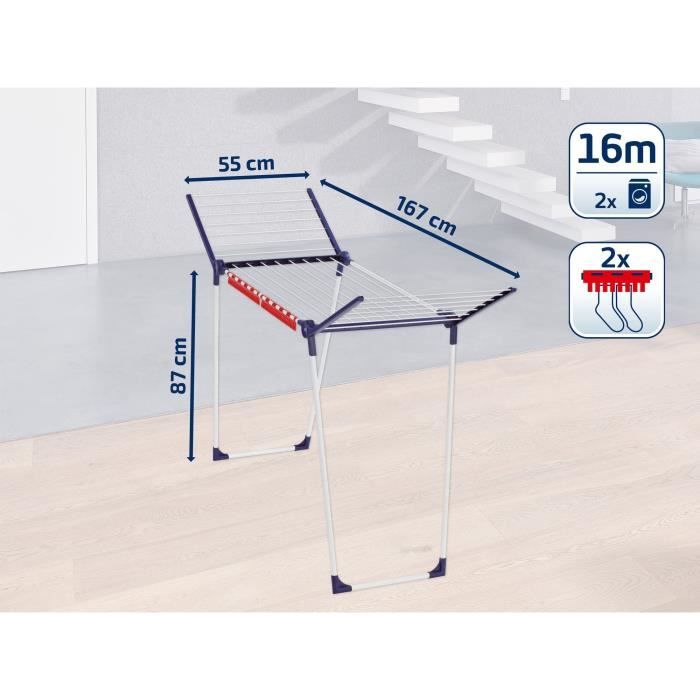 Étendoir a linge Leifheit Pegasus 160 Solid Slim 81620, séchoir a linge compact avec 16m d'étendage, tancarville robuste, blanc