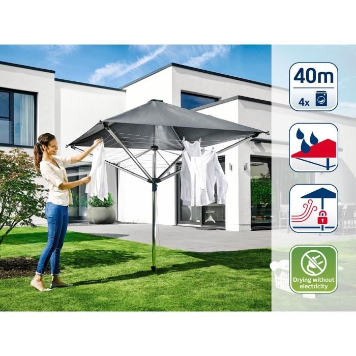 Séchoir parapluie Leifheit LinoProtect 400 82100, étendoir a linge parapluie avec toit étanche et douille, 40m d'étendage, gris