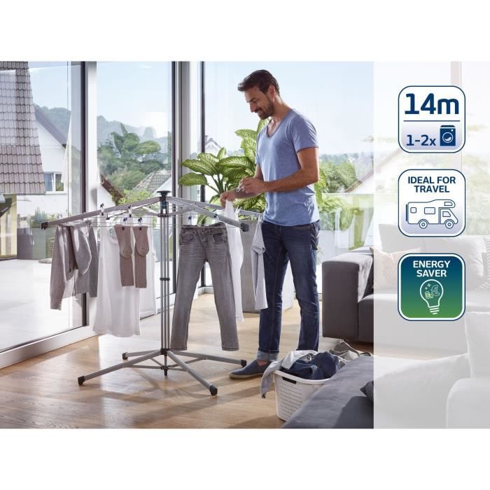 Séchoir parapluie Leifheit 140 LinoPop-Up 82500, étendoir intérieur et extérieur avec 14m d'étendage, transport et rangement facile