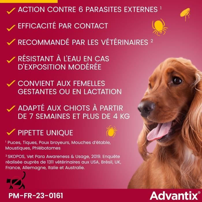 ADVANTIX Chien Solution Antiparasitaire Petite Race 4 a 10kg 4 pipettes