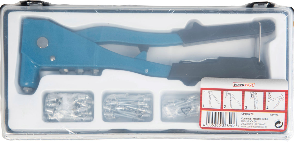 Jeu de pince a riveter - MEISTER - CP195270 - Inclus 100 rivets en aluminium - Boîte plastique avec couvercle transparent