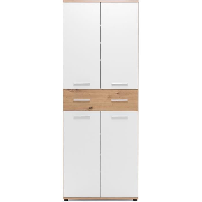 Armoire a chaussures - Décor Chene Artisan et blanc - L70 x P35 x H185 cm - 6 Étageres - 1 Tiroir - Capacité 24 Paires