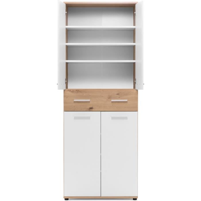 Armoire a chaussures - Décor Chene Artisan et blanc - L70 x P35 x H185 cm - 6 Étageres - 1 Tiroir - Capacité 24 Paires