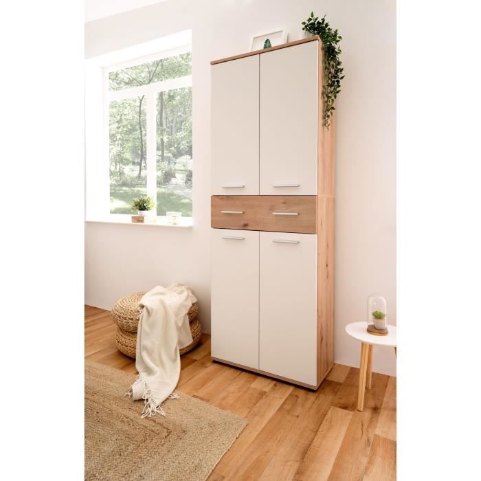 Armoire a chaussures - Décor Chene Artisan et blanc - L70 x P35 x H185 cm - 6 Étageres - 1 Tiroir - Capacité 24 Paires
