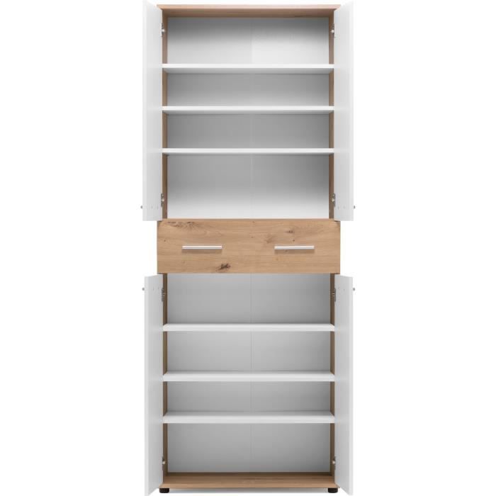 Meuble a chaussures Jacky 42 - Chene Artisan / Blanc - 70 x 185 x 35 cm - 6 Étageres - 1 Tiroir - Capacité 24 Paires