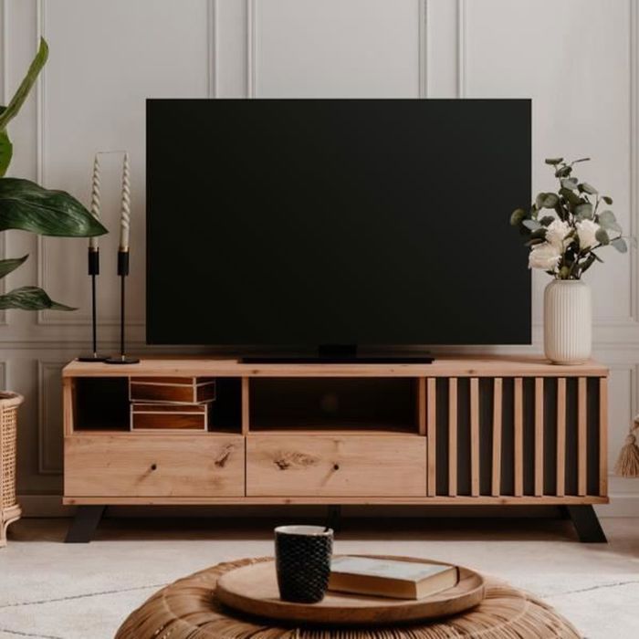 Meuble TV - MEDAN - 1 porte + 2 tiroirs - Chene artisan et anthracite
