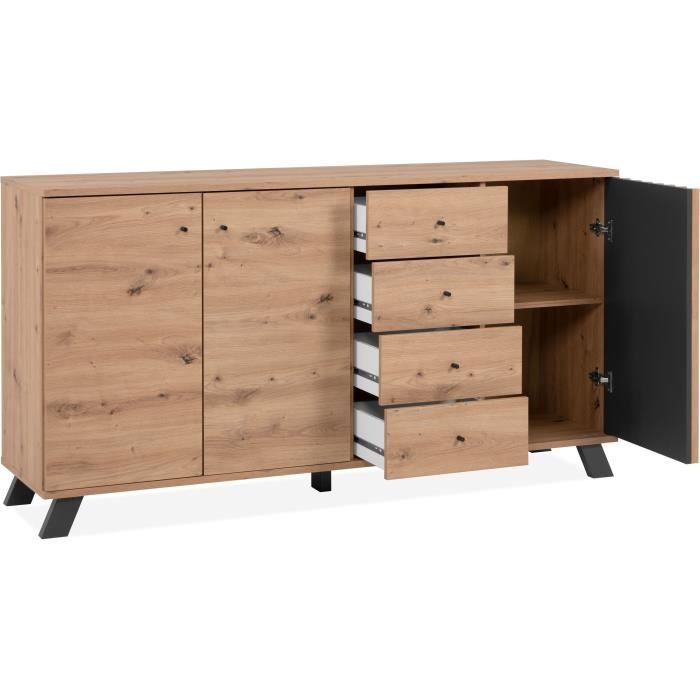 Buffet salle a manger MEDAN - Décor chene artisan et anthracite - 3 portes + 4 tiroirs - L160 x H85 x P40 cm