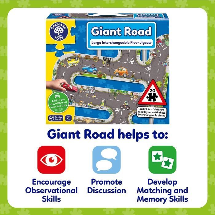 Puzzle - ORCHARD - Giant route Road - 20 grosses pieces interchangeables - Theme véhicules - a partir de 3 ans