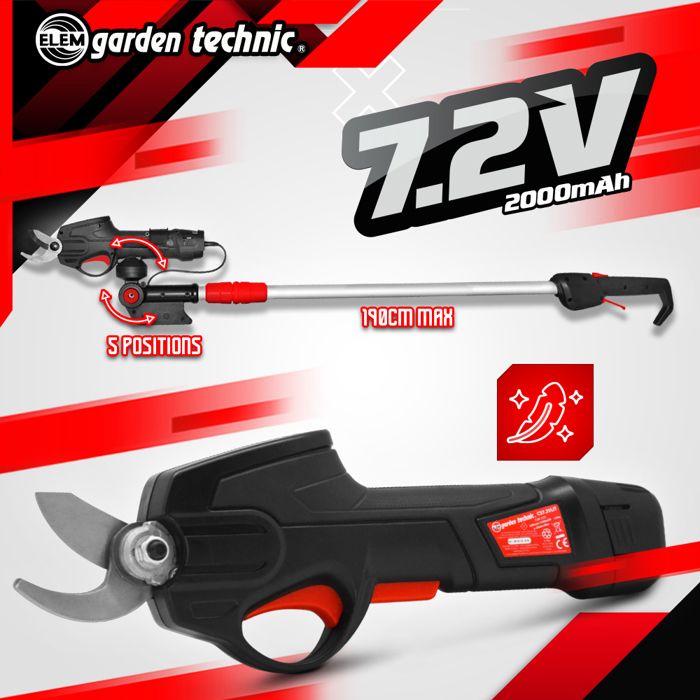Sécateur rechargeable - ELEM - CS7.2VLIT-23 - 7.2V lithium avec perche télescopique