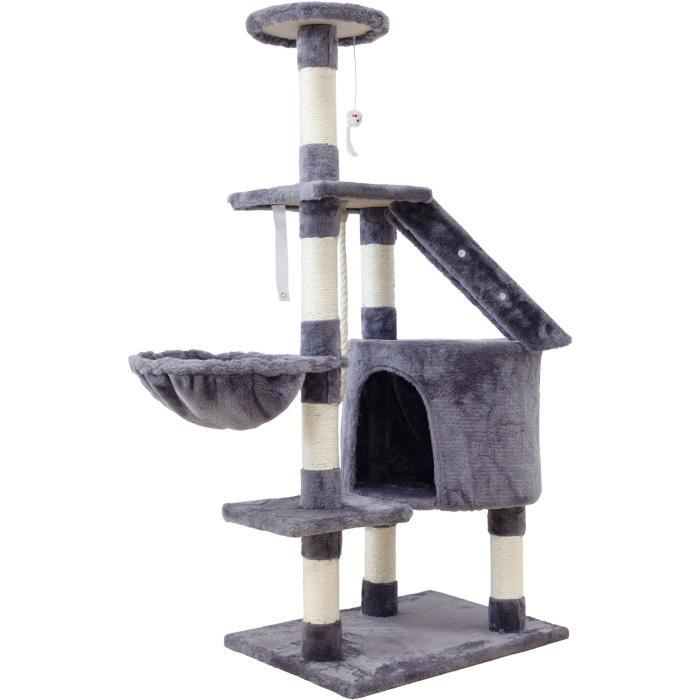 MARIE Arbre a chat gris 40 x 55 x 120cm - 3 plateformes, 1 Èchelle, 1 niche, poteaux a griffer
