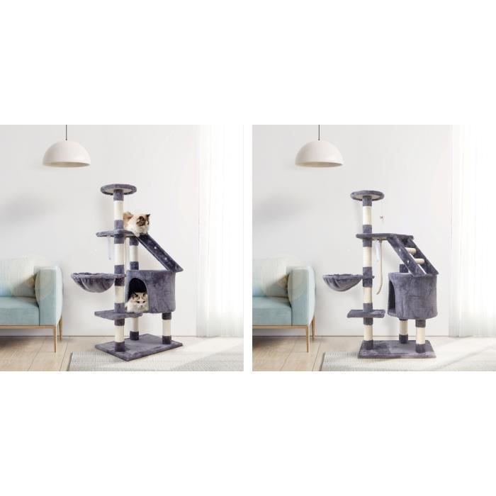MARIE Arbre a chat gris 40 x 55 x 120cm - 3 plateformes, 1 Èchelle, 1 niche, poteaux a griffer