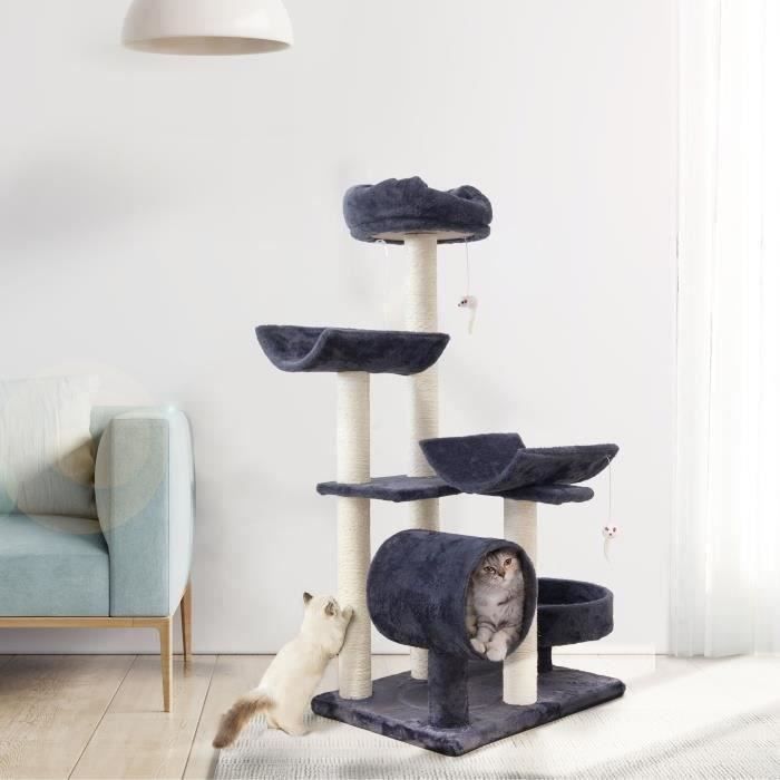 GARFIELD Arbre a chat gris fonÁÈ 55 x 40 x 116 cm - 1 tunnel, 4 plateformes, poteaux a griffer