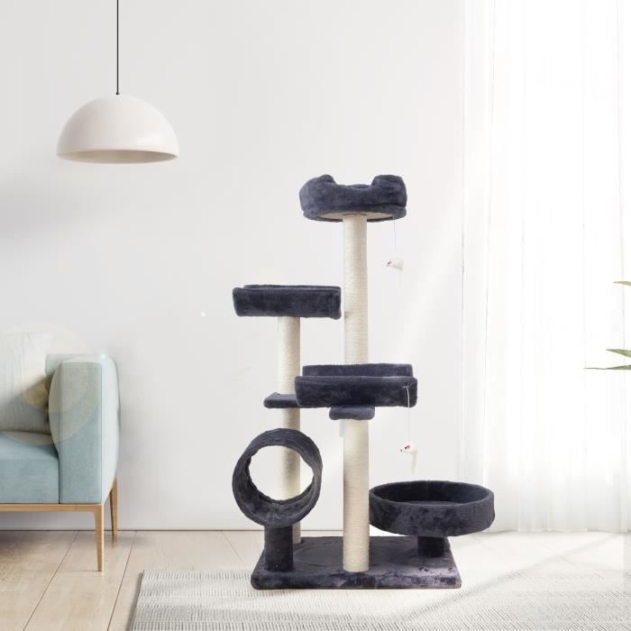 GARFIELD Arbre a chat gris fonÁÈ 55 x 40 x 116 cm - 1 tunnel, 4 plateformes, poteaux a griffer