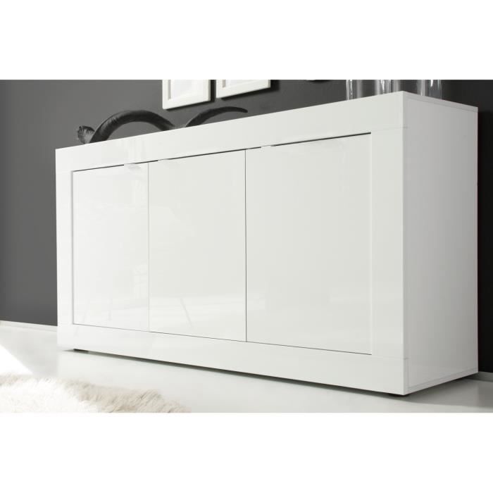 Buffet BASICO - Décor blanc laqué brillant - 3 Portes - L160 x P42 x H85,8 cm