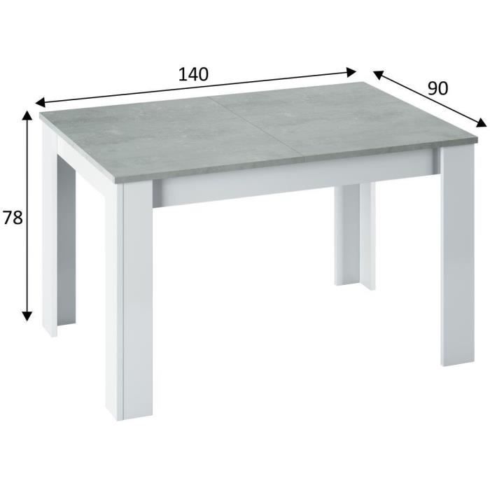 Table a manger extensible - KENDRA - Rectangulaire - Blanc artik et ciment - 4 a 6 personnes - L140/190 x P90 x H78 cm