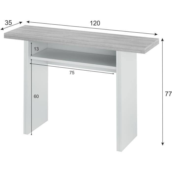 Table d'appoint dÈpliante / console TAVOLO - MÈlaminÈ gris bÈton - L 120 x P 35/70 x H 75/77 cm