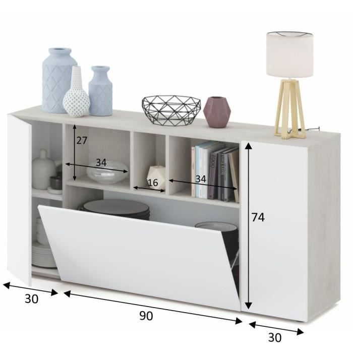 Buffet LOIRA - MÈlaminÈ - Blanc artik et ciment - 3 portes + 3 niches de rangement - L 150 x P 41 x H 76 cm