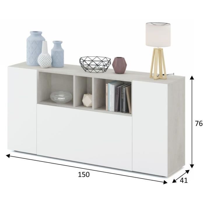 Buffet LOIRA - Mélaminé - Blanc artik et ciment - 3 portes + 3 niches de rangement - L 150 x P 41 x H 76 cm