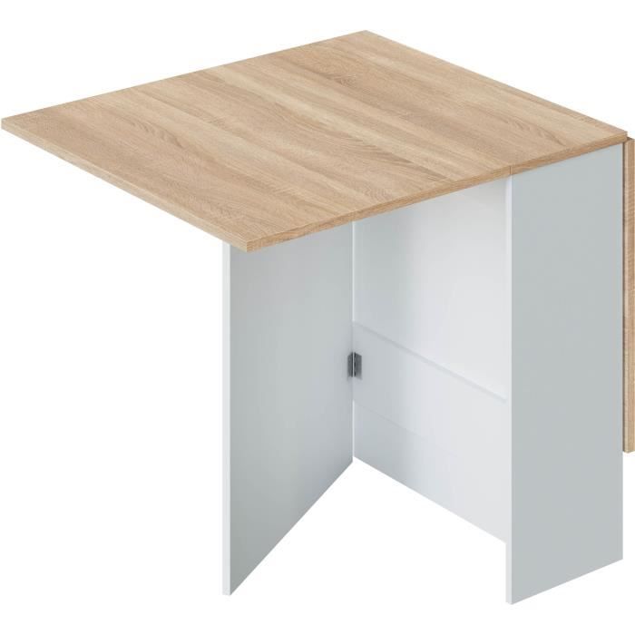 Table de cuisine rabattable FLY - Mélaminé blanc artik et chene - L 31/140 x P 77 x H 78 cm