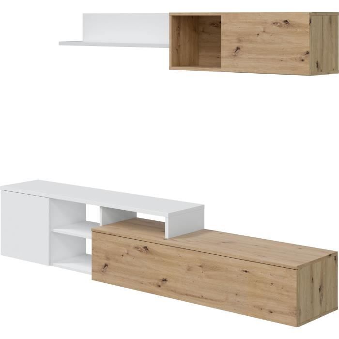 Ensemble meuble TV réversible JULIA - Mélaminé blanc et chene - 2 Portes battantes - L220 x P40 x H 44 cm