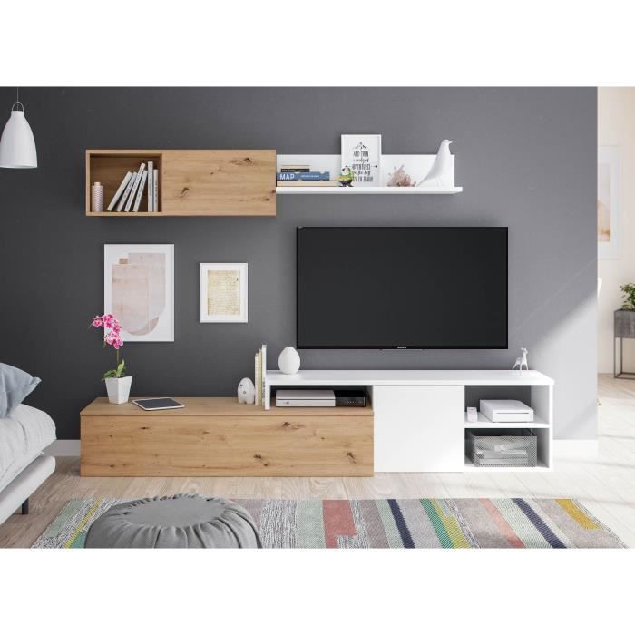 Ensemble meuble TV réversible JULIA - Mélaminé blanc et chene - 2 Portes battantes - L220 x P40 x H 44 cm