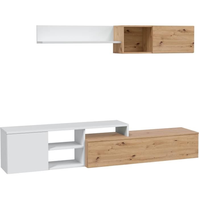 Ensemble meuble TV réversible JULIA - Mélaminé blanc et chene - 2 Portes battantes - L220 x P40 x H 44 cm