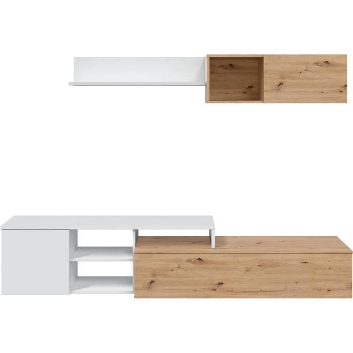 Ensemble meuble TV réversible JULIA - Mélaminé blanc et chene - 2 Portes battantes - L220 x P40 x H 44 cm