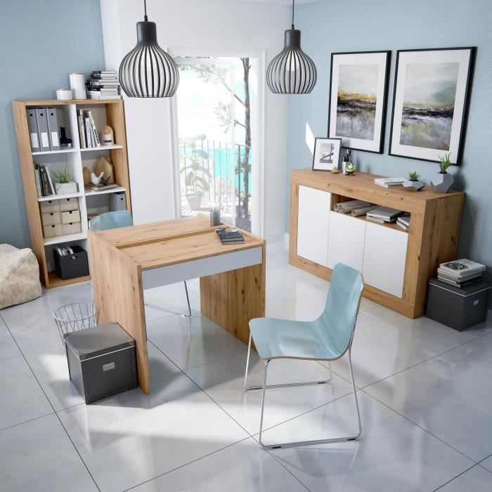 Buffet - BALTIK - MÈlaminÈ 3 portes + 1 niche de rangement - Chene nodi et blanc artik - L 144x P 44 x H 87 cm