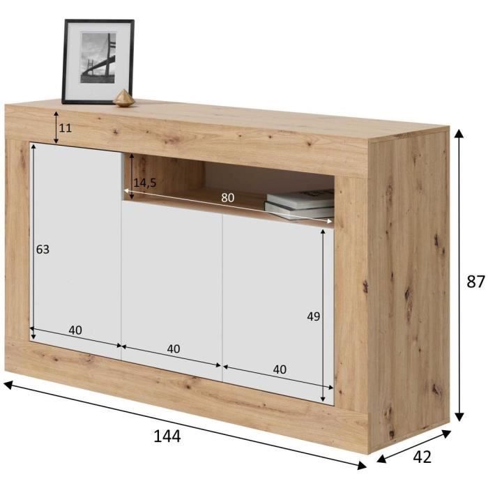 Buffet - BALTIK - MÈlaminÈ 3 portes + 1 niche de rangement - Chene nodi et blanc artik - L 144x P 44 x H 87 cm