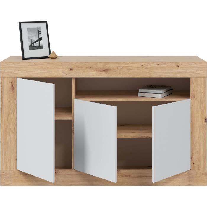 Buffet - BALTIK - MÈlaminÈ 3 portes + 1 niche de rangement - Chene nodi et blanc artik - L 144x P 44 x H 87 cm