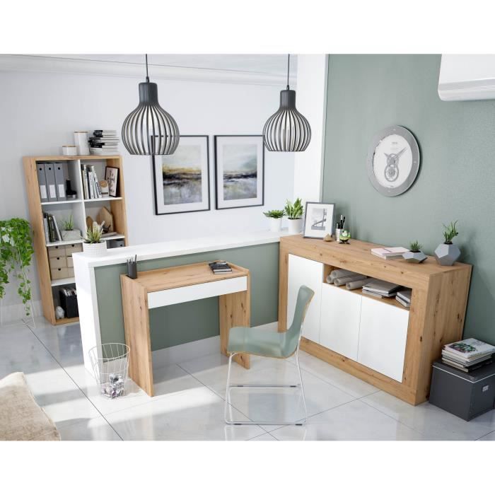 Buffet - BALTIK - MÈlaminÈ 3 portes + 1 niche de rangement - Chene nodi et blanc artik - L 144x P 44 x H 87 cm