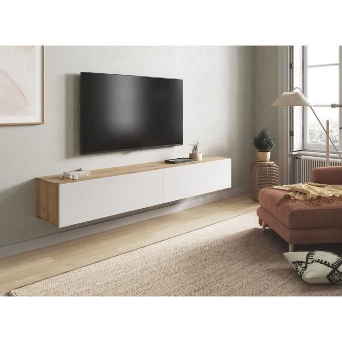 Meuble TV suspendu - L 180X P 28X H 35 cm KAWAY - Décor blanc et chene - 2 Portes abattantes