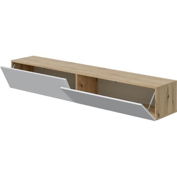 Meuble TV suspendu - L 180X P 28X H 35 cm KAWAY - DÈcor blanc et chene - 2 Portes abattantes