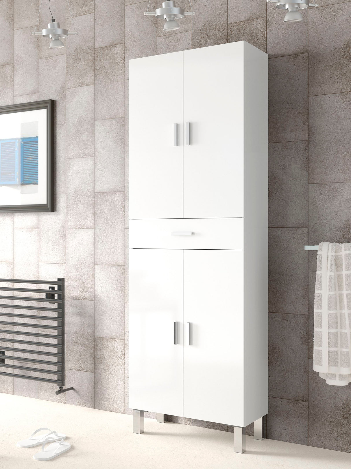Colonne de salle de bain - ARUBA - Blanc brillant - 4 portes - 1 tiroir - 60 x 29 x 182 cm